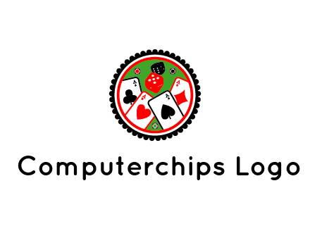 aces of cards, poker or casino chips and dice inside circular gambling logo