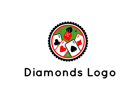 aces of cards, poker or casino chips and dice inside circular gambling logo