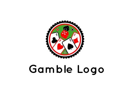 aces of cards, poker or casino chips and dice inside circular gambling logo