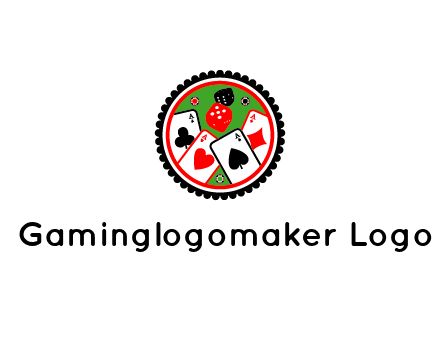 aces of cards, poker or casino chips and dice inside circular gambling logo