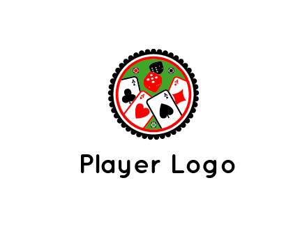 aces of cards, poker or casino chips and dice inside circular gambling logo