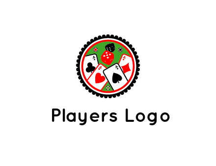 aces of cards, poker or casino chips and dice inside circular gambling logo