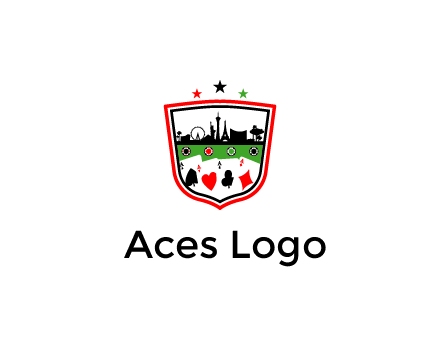 logo with aces in cards and outline of famous landmarks