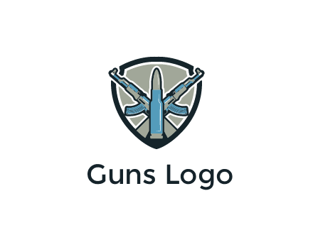 badge shape logo with a bullet and two AK-47 rifles crossed