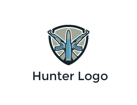 badge shape logo with a bullet and two AK-47 rifles crossed