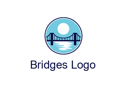 circular logo with a suspension bridge and the moon shining over water