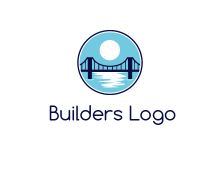 circular logo with a suspension bridge and the moon shining over water