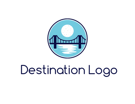 circular logo with a suspension bridge and the moon shining over water