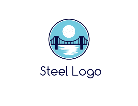 circular logo with a suspension bridge and the moon shining over water