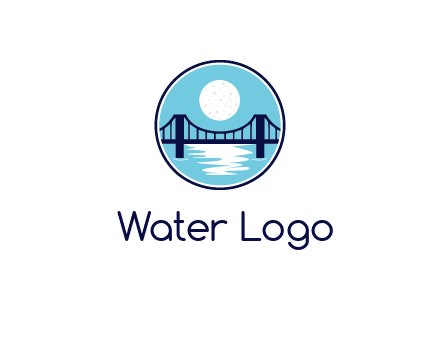 circular logo with a suspension bridge and the moon shining over water