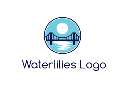 circular logo with a suspension bridge and the moon shining over water