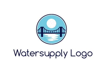 circular logo with a suspension bridge and the moon shining over water