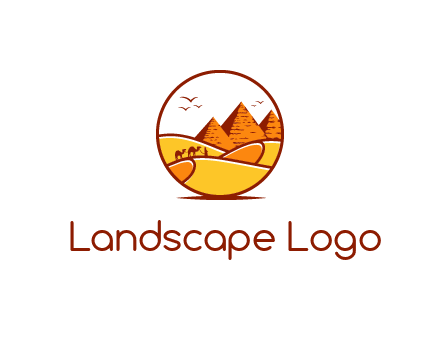 round logo showing a view of the desert and the pyramids