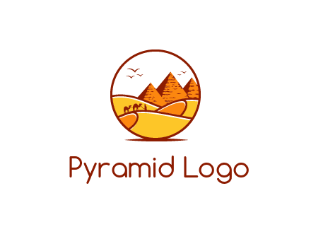 round logo showing a view of the desert and the pyramids