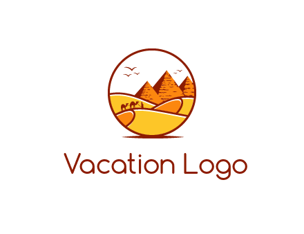 round logo showing a view of the desert and the pyramids