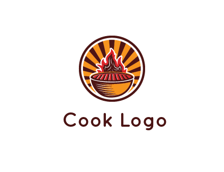 circular logo with a flaming grill