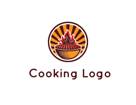 circular logo with a flaming grill