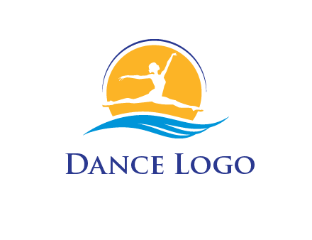 ballerina jumping over waves in front of the sun logo