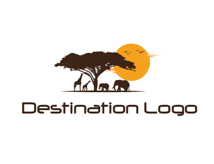 wildlife safari logo with giraffes and elephants standing under a tree in front of sun