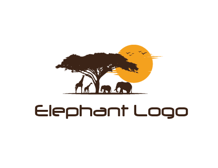 wildlife safari logo with giraffes and elephants standing under a tree in front of sun