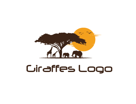 wildlife safari logo with giraffes and elephants standing under a tree in front of sun