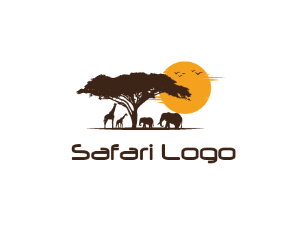 wildlife safari logo with giraffes and elephants standing under a tree in front of sun