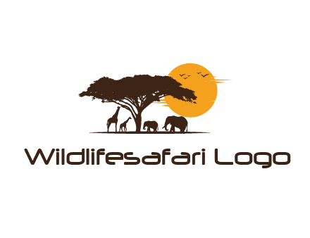 wildlife safari logo with giraffes and elephants standing under a tree in front of sun