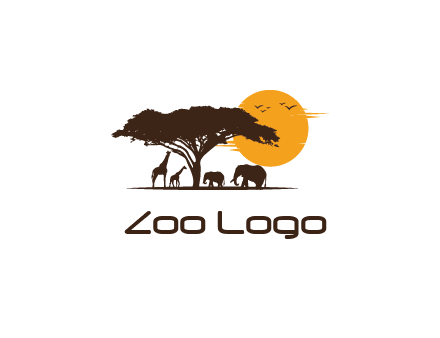 wildlife safari logo with giraffes and elephants standing under a tree in front of sun