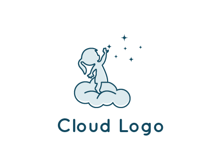 little girl sitting on cloud playing with stars