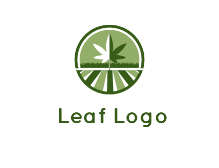 two tone marijuana leaf in circle with grass and field 