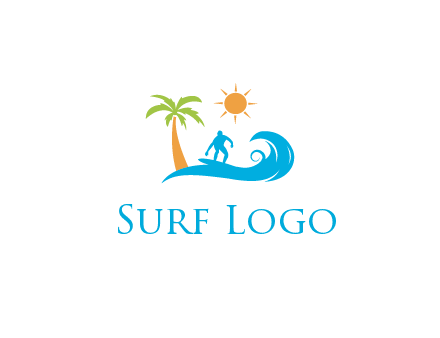 surfer surfing on wave with palm tree and sun