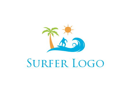 surfer surfing on wave with palm tree and sun