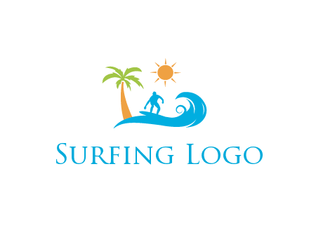 surfer surfing on wave with palm tree and sun