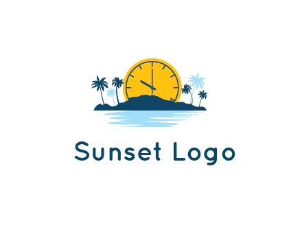 sun with clock behind mountains with palm trees