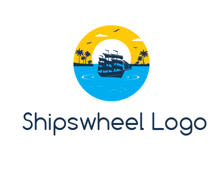 sun and palm trees behind ship in circle