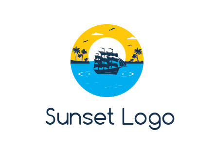 sun and palm trees behind ship in circle