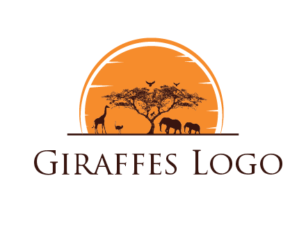 sun behind elephants and giraffe with tree