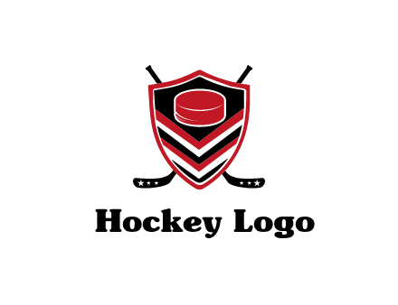 hockey sticks behind shield with hockey puck