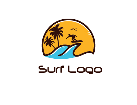 sun behind surfer surfing on waves and palm trees