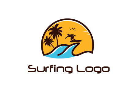 sun behind surfer surfing on waves and palm trees