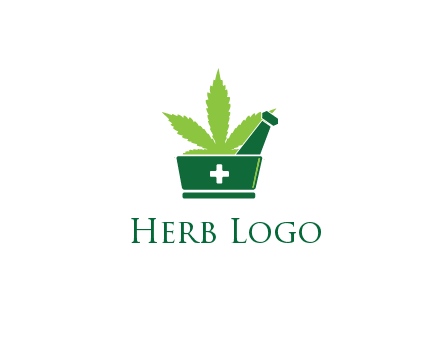 marijuana leaf with first aid sign mortar and pestle