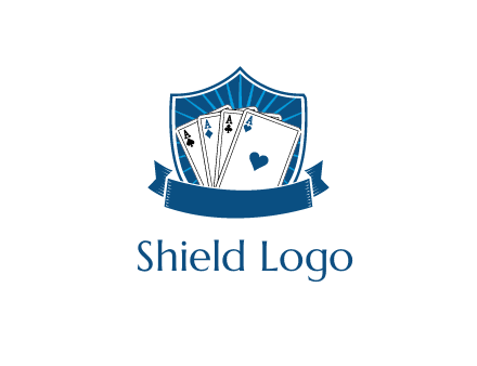 playing card in shield with banner