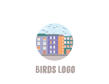 buildings with birds in circle frame