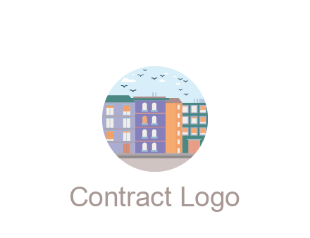 buildings with birds in circle frame