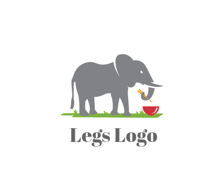 elephant holding chopsticks with grass and bowl