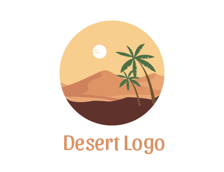 desert mountains with palm trees and sun in circle frame