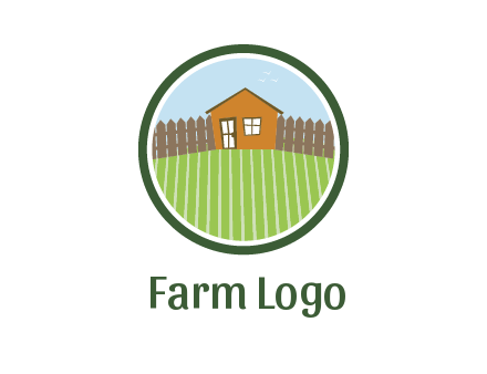 farmhouse with farm and fence in circle frame