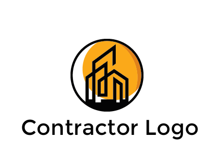 line art building in circle with sun construction logo