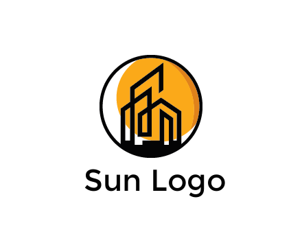 line art building in circle with sun construction logo