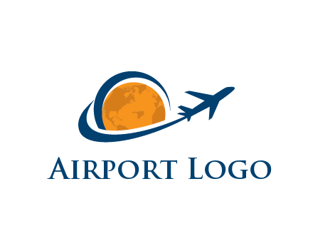 swoosh around moon with airplane travel logo